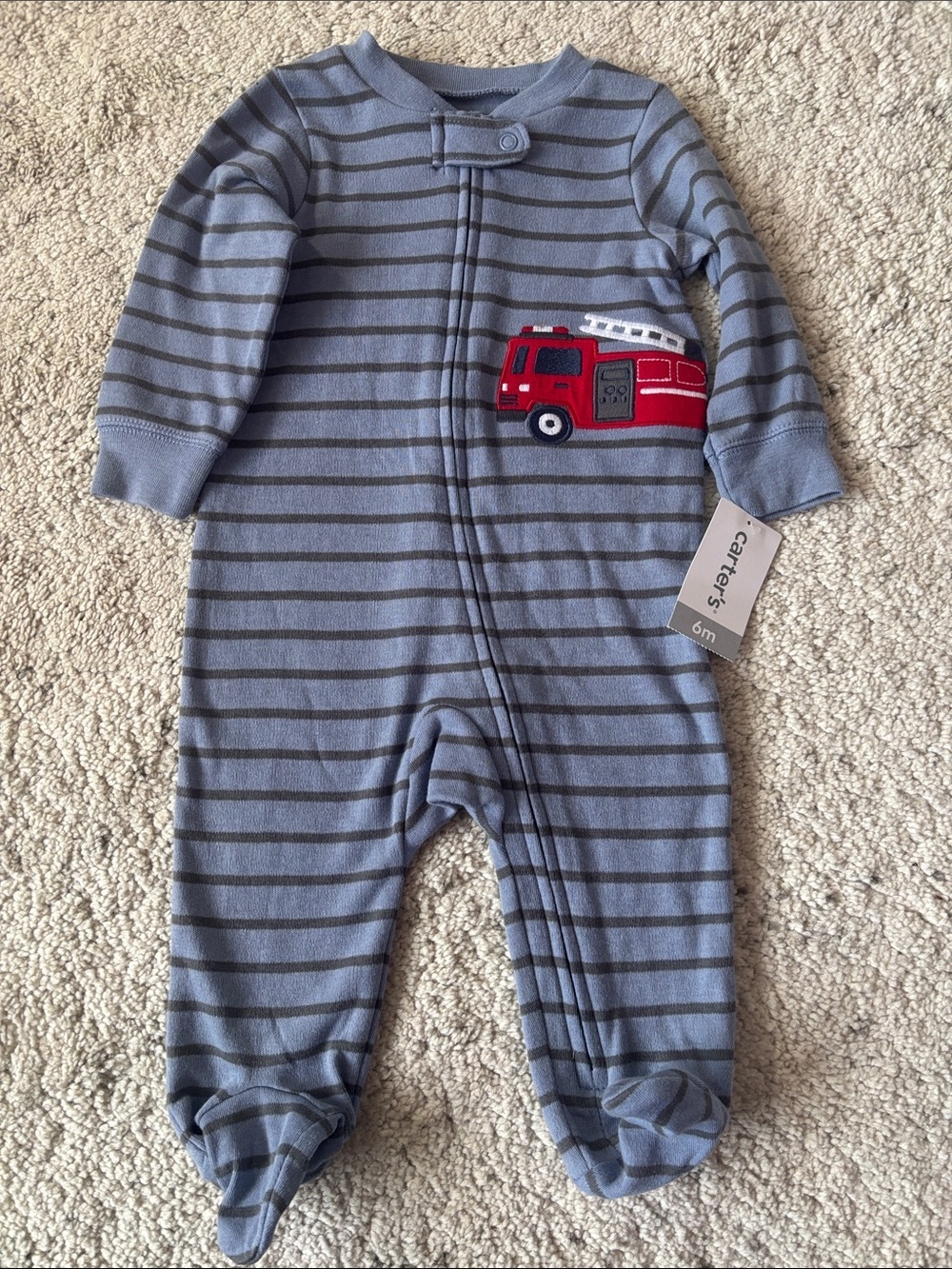 NWT Carter's Blue and Grey Striped Footed Sleeper with Red Fire Truck Size 6m